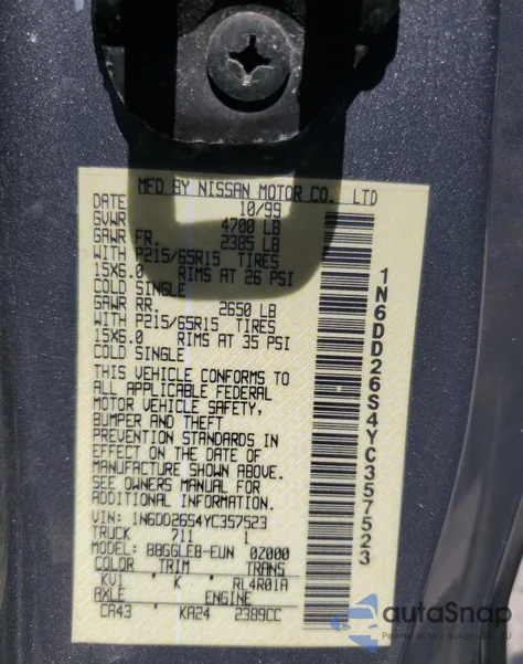 2000 Nissan Frontier King Cab Xe из США, поврежденный, VIN 1N6DD26S4YC357523